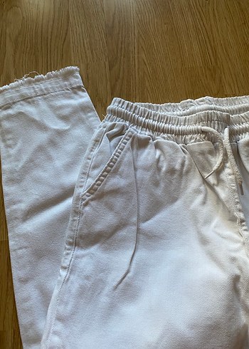 Beyaz Keten Rahat Kesim Midi Kadın Pantolon - Görsel 6