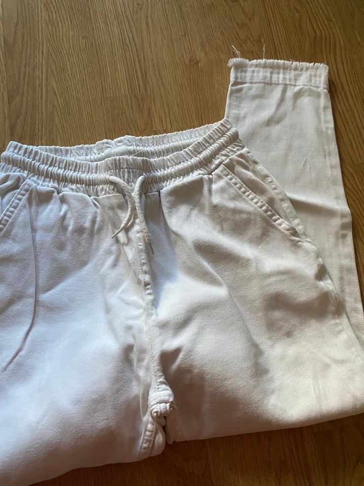 Beyaz Keten Rahat Kesim Midi Kadın Pantolon - Görsel 5