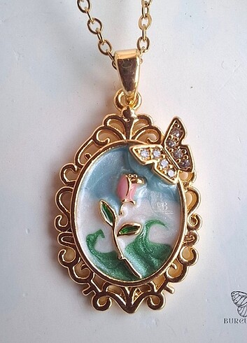 316 L Paslanmaz Çelik Vintage Gold Çerçeveli Kelebek Sanat Kolye