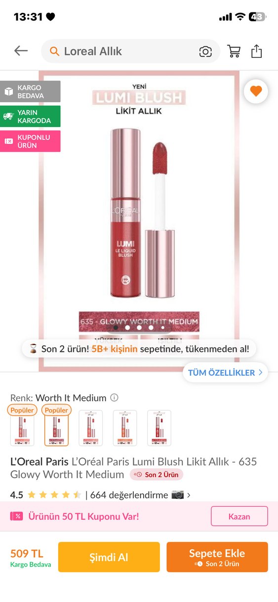 L'Oréal Paris Likit Allık 635 Glowy Worth It Medium - Görsel 2