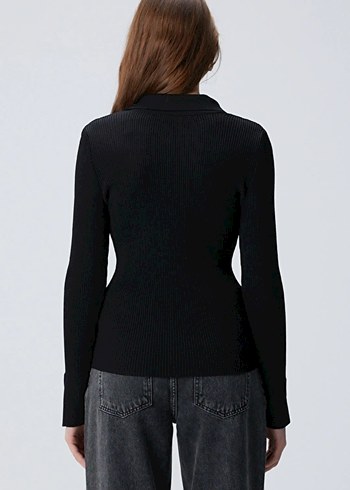 Siyah Polo Yaka Uzun Kollu Kadın Bluz - Görsel 3