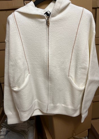 Network Kadın triko Beyaz Fermuarlı Rahat Ceket - Görsel 3