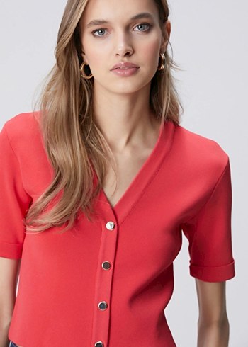 Kısa Kollu Kırmızı Düğmeli Mini Denim Hırka - Görsel 2