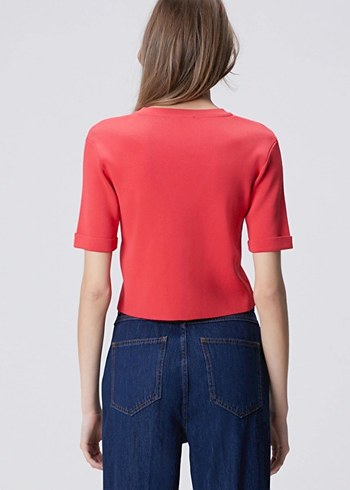 Kısa Kollu Kırmızı Düğmeli Mini Denim Hırka - Görsel 3