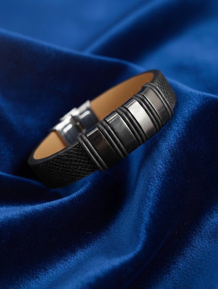 Erkek Siyah Deri Çelik Bileklikler - Görsel 5