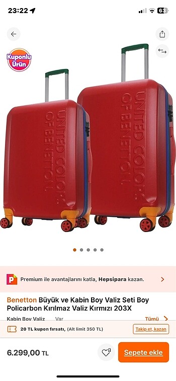 Benetton kabin boy valiz kırmızı