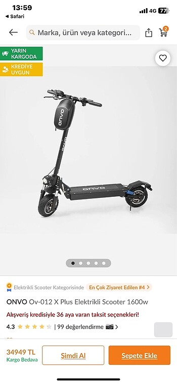 Onvo OV 012-x plus 1600 watt elektrikli scooter