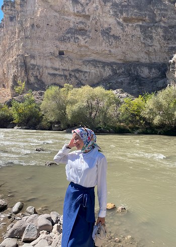Mavi Bağlamalı Pamuklu Midi Etek ve gömlek (takım) - Görsel 5