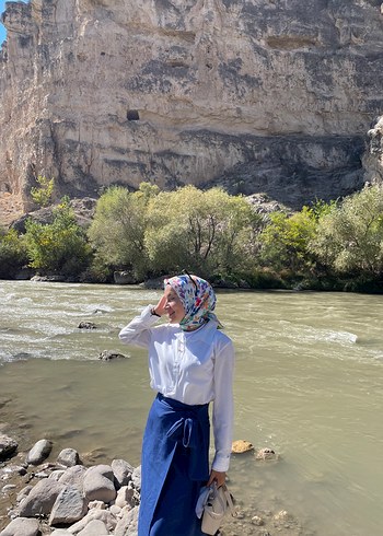 Mavi Bağlamalı Pamuklu Midi Etek ve gömlek (takım) - Görsel 2