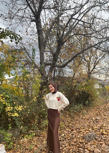 Kadın Kahverengi saten etek - Görsel 3