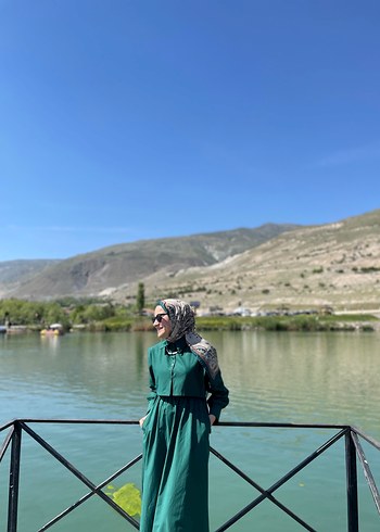 Uzun Yeşil Salaş Kadın Elbise - Görsel 2