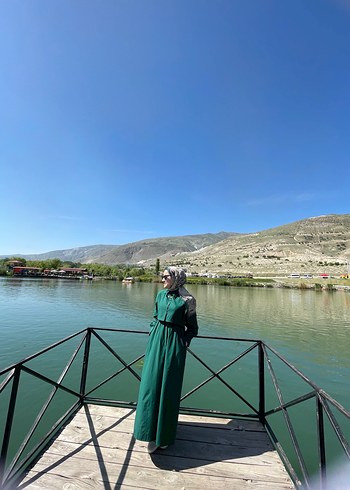 Uzun Yeşil Salaş Kadın Elbise - Görsel 4