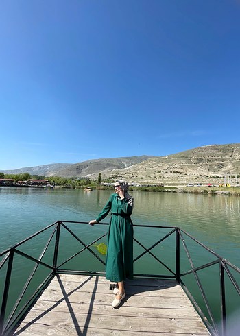 Uzun Yeşil Salaş Kadın Elbise - Görsel 5