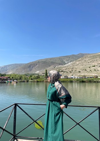 Uzun Yeşil Salaş Kadın Elbise - Görsel 7