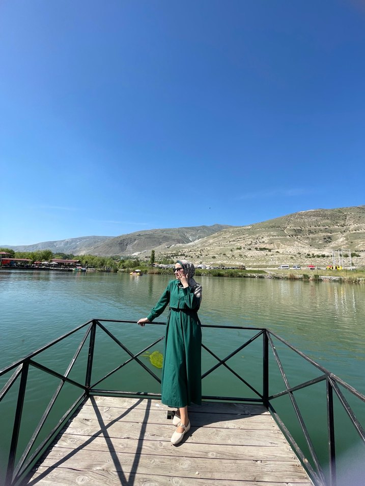 Uzun Yeşil Salaş Kadın Elbise - Görsel 5