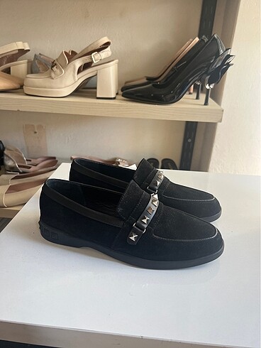 Siyah hakiki deri süet loafer