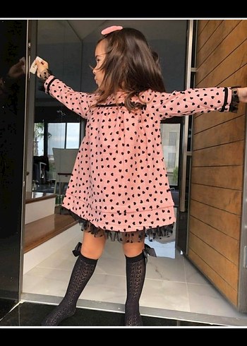 Puantiyeli Pembe Kız Çocuk Triko Elbise