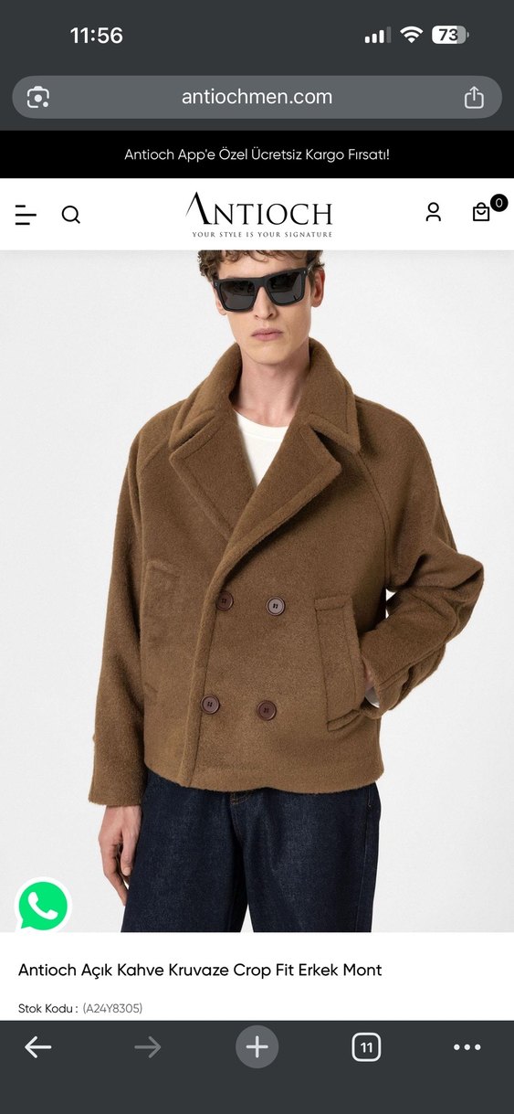 Erkek antioch men Kahverengi Düğmeli Yün Kaban - Görsel 2