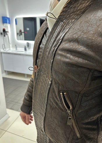 Emporio armani Düğmeli Kahverengi Deri Biker Ceket - Görsel 5