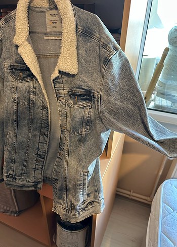 Pull bear Gri Düğmeli erkek Denim Ceket - Görsel 2