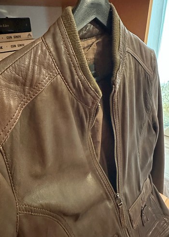 Kahverengi Deri Kemerli Biker Ceket - Görsel 3