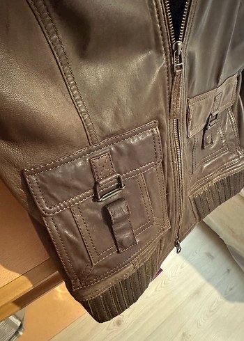 Kahverengi Deri Kemerli Biker Ceket - Görsel 2