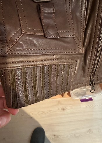 Kahverengi Deri Kemerli Biker Ceket - Görsel 4