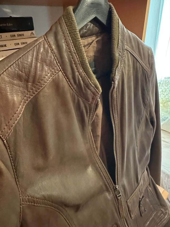 Kahverengi Deri Kemerli Biker Ceket - Görsel 3