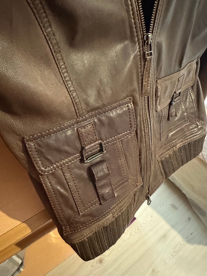 Kahverengi Deri Kemerli Biker Ceket - Görsel 2