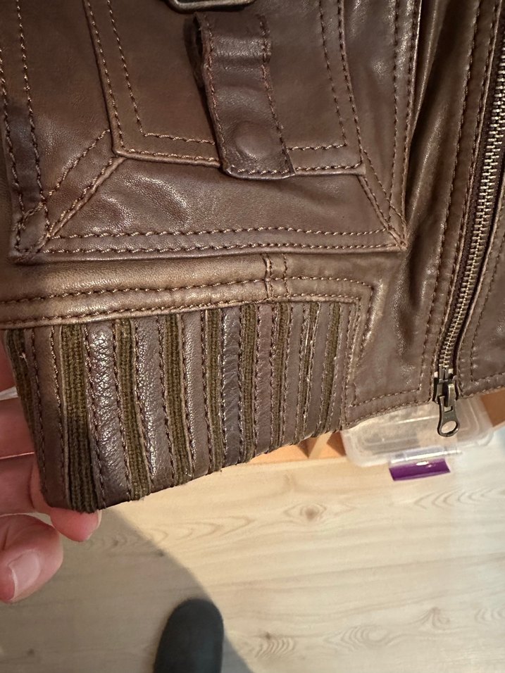 Kahverengi Deri Kemerli Biker Ceket - Görsel 4