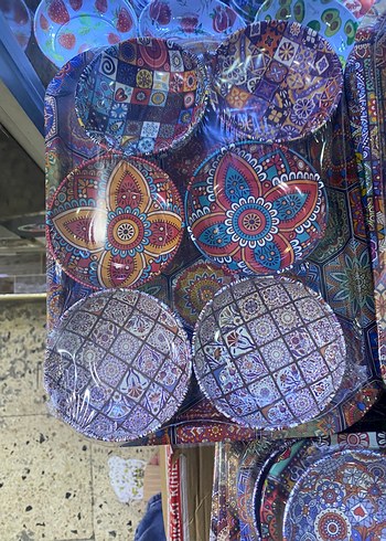 Renkli Bohem Desenli 6 lı Tabak Seti tepsiyle beraber