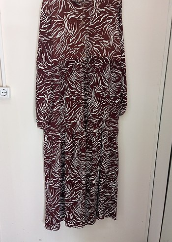 Bordo Zebra Desenli Pileli Uzun Kadın Elbise