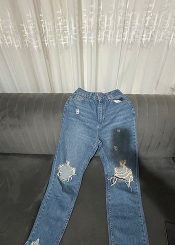 Kadın Mavi Bol Kesim Midi Denim Kot Pantolon