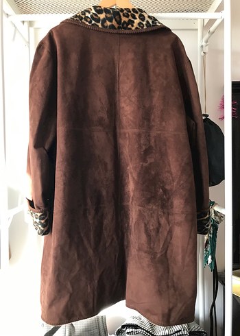 Kahverengi Süet Leopar Desenli Uzun Kadın Kaban - Görsel 2