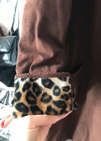 Kahverengi Süet Leopar Desenli Uzun Kadın Kaban - Görsel 5