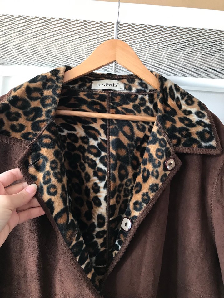 Kahverengi Süet Leopar Desenli Uzun Kadın Kaban - Görsel 3