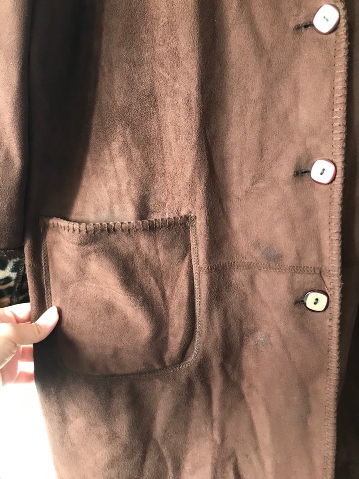 Kahverengi Süet Leopar Desenli Uzun Kadın Kaban - Görsel 4