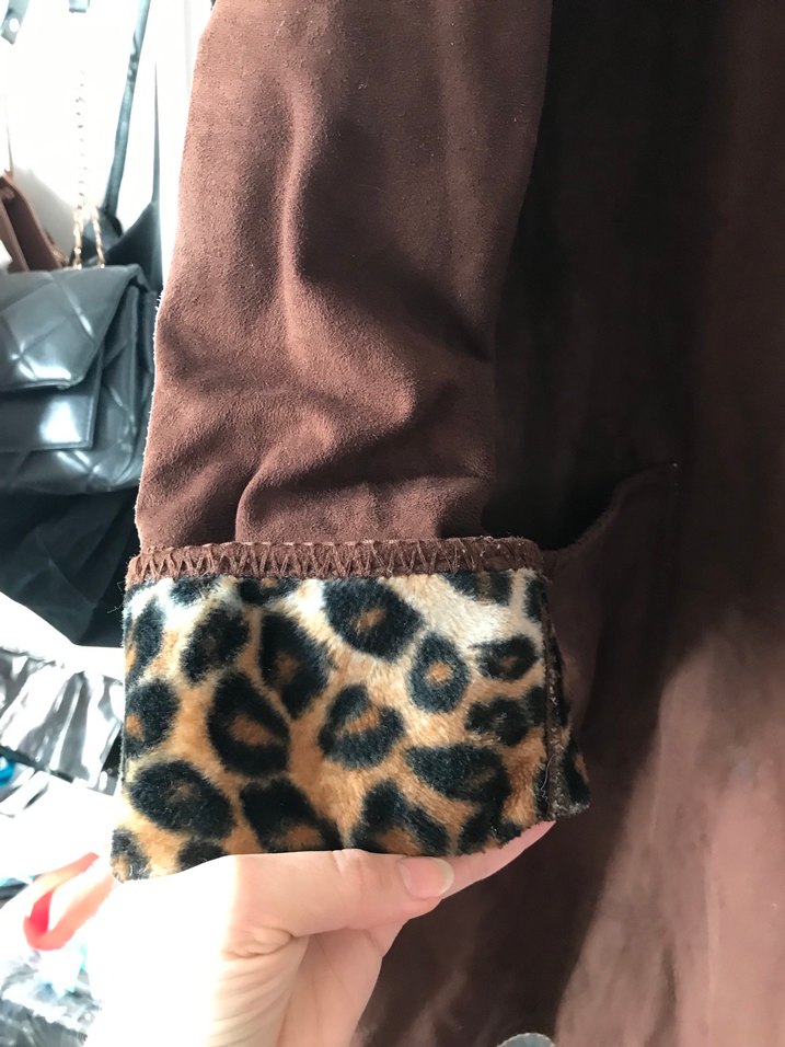 Kahverengi Süet Leopar Desenli Uzun Kadın Kaban - Görsel 5