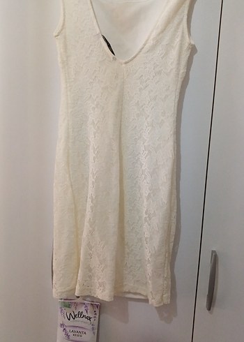 Beyaz Mini Dantelli elbise - Görsel 5