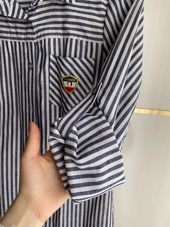 Gri Çizgili Pamuklu Uzun Kollu Kadın Tunik - Görsel 2