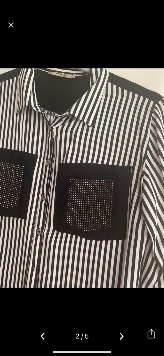 Düğmeli Siyah Beyaz Çizgili Kadın Gömlek - Görsel 3