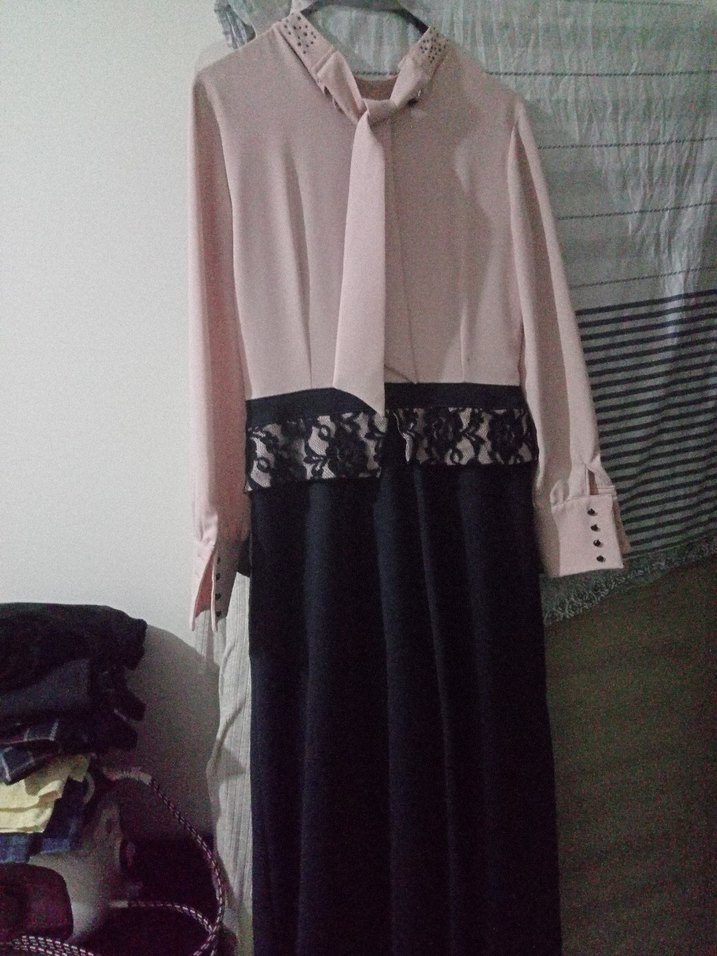 Uzun Kollu Pembe Siyah Uzun Elbise - Görsel 4