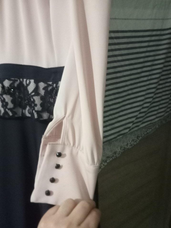 Uzun Kollu Pembe Siyah Uzun Elbise - Görsel 3