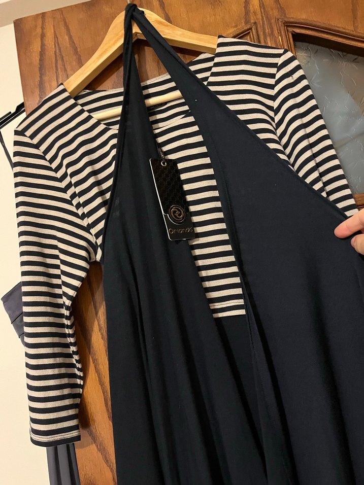 Lacivelt krem Çizgili Uzun Kollu triko Elbisesi ve uzun yelek - Görsel 5