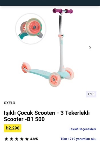 Işıklı 3 Tekerlekli Turkuaz Çocuk Scooter