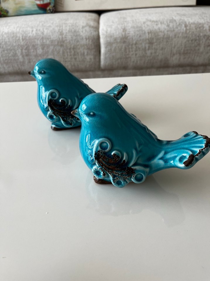 Turkuaz Renkli Seramik Kuş Biblo Seti - Görsel 4