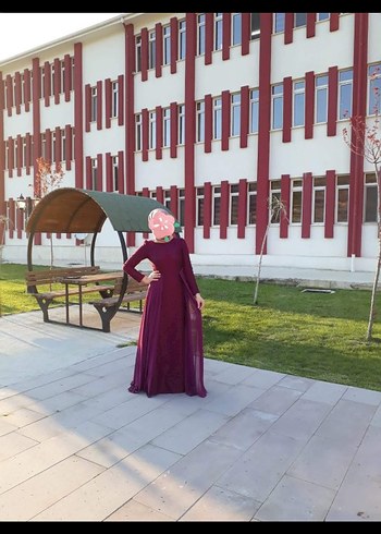 mürdüm Uzun Kollu Drapeli Abiye Elbise