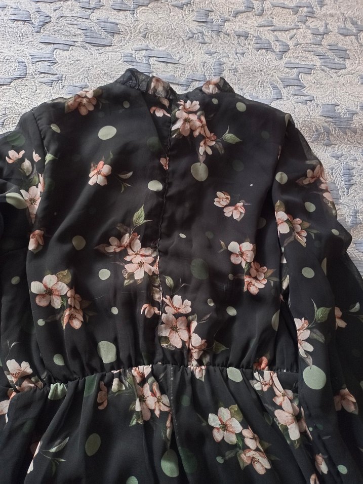 Siyah Çiçek Desenli Uzun Elbise - Görsel 5