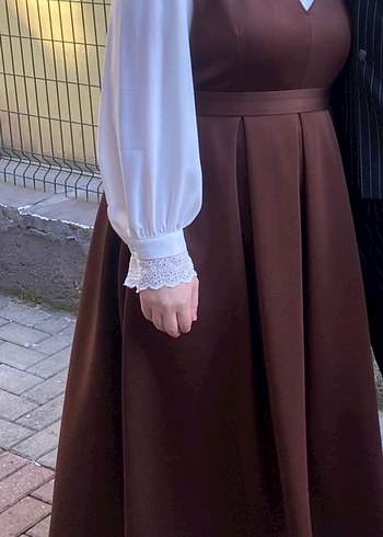 Kahverengi Midi Saten Elbise