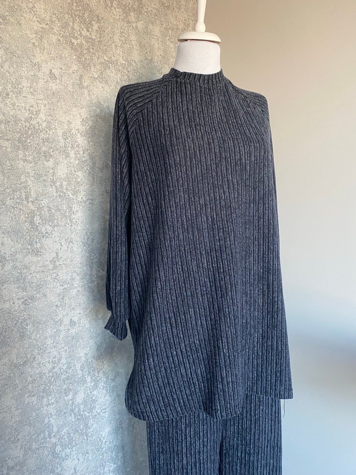 Gri Uzun Triko Kadın Kazak Takım - Görsel 2